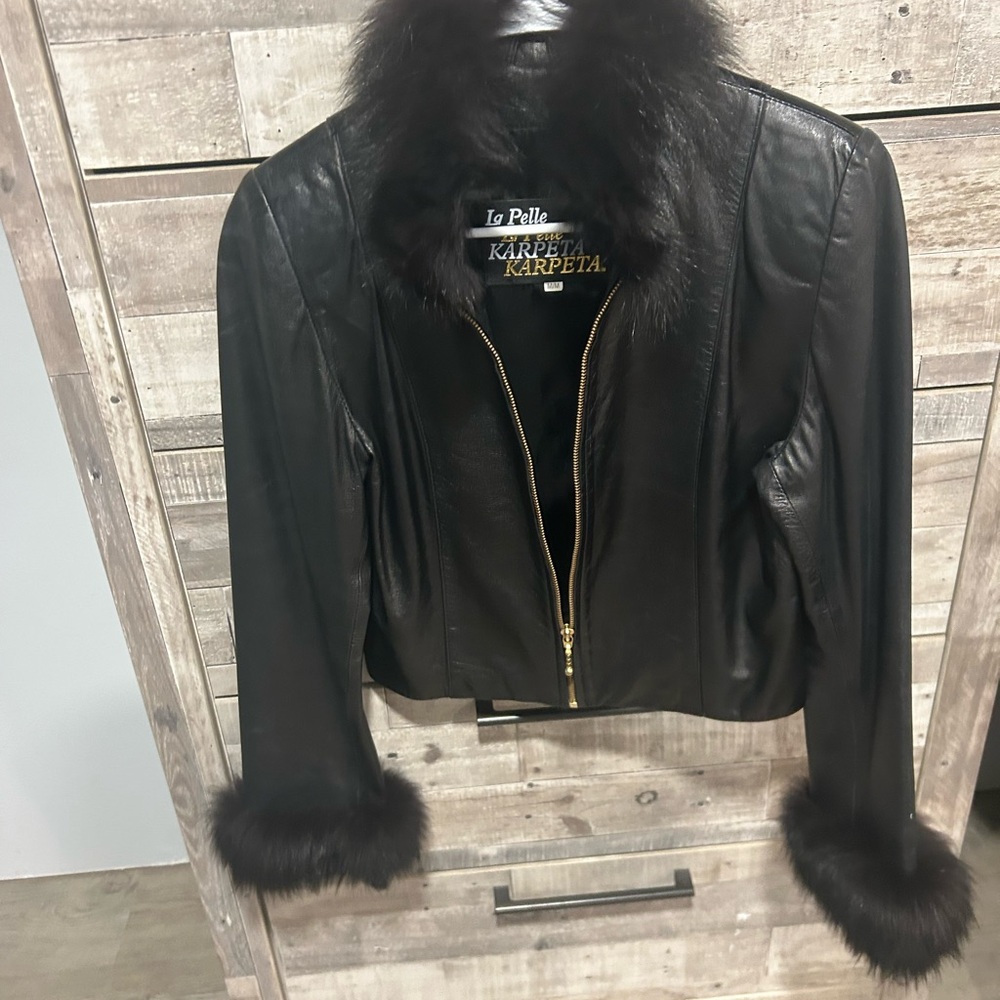 Black Leather Jacket with Fur Trim